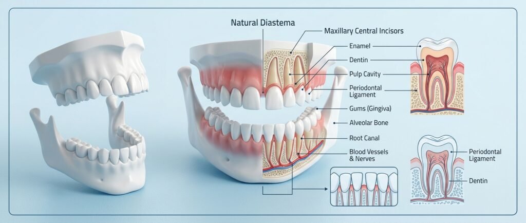 Diagram explaining main causes of gappy teeth and diastema spacing